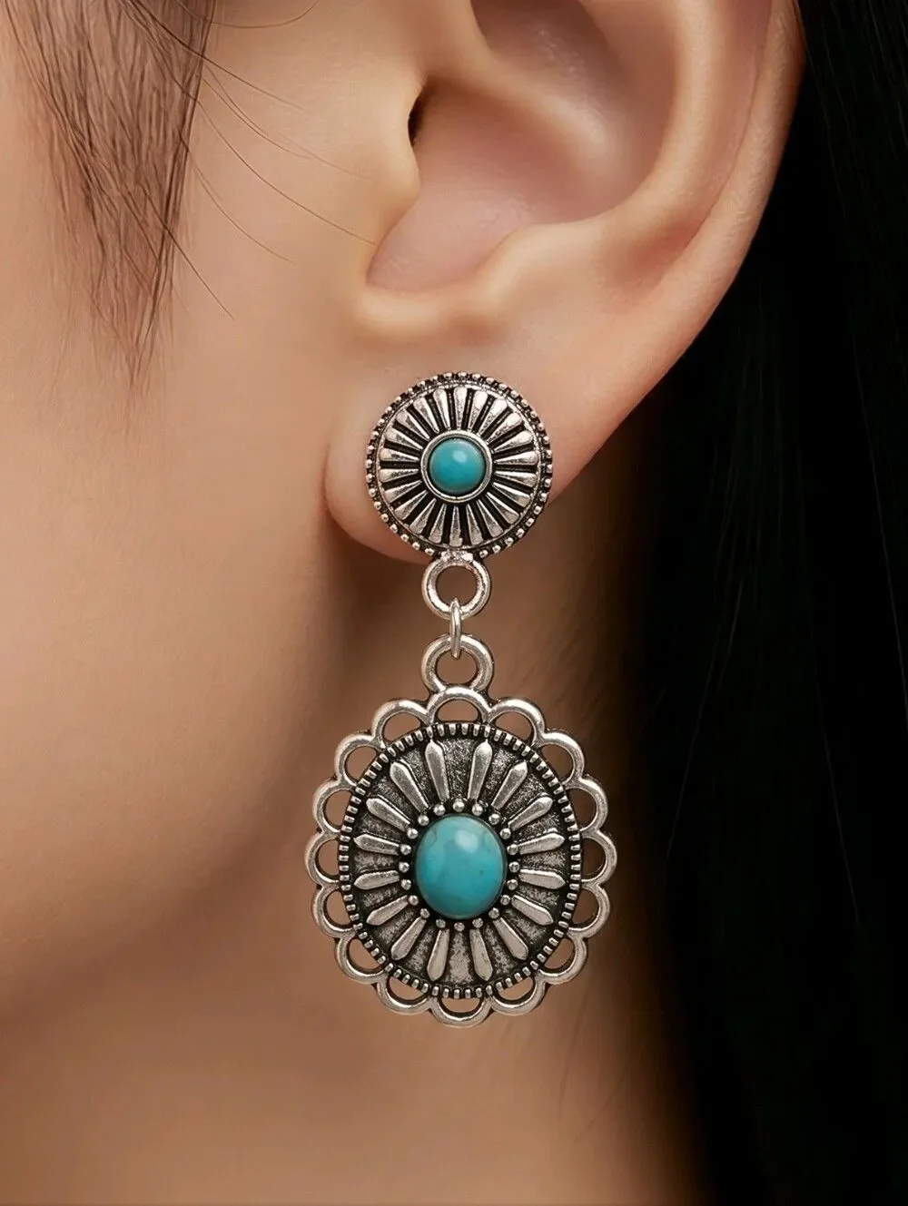 Turquoise Concho Earrings Western Silver Boho Dangle Jewelry Coastal Cowgirl